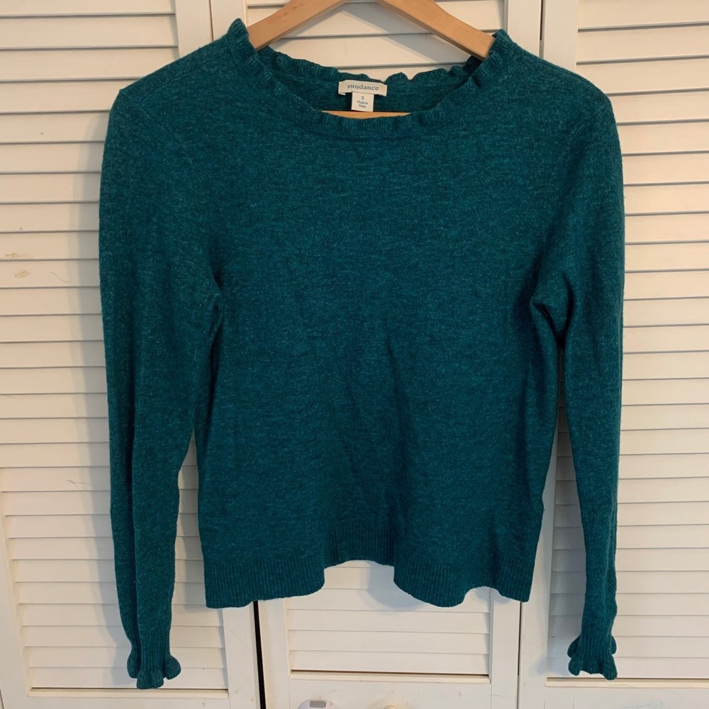 Sundance‎ Ruffle Neck Teal Sweater Wool Cashmere Blend Long Sleeve Knit Womens S